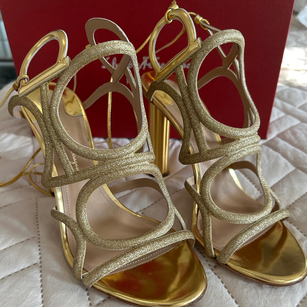 Salvatore Ferragamo Gold Glitter Strappy Sandal